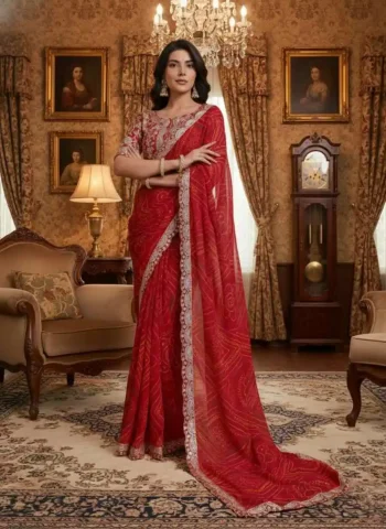 DESIGNER GEORGETTE BANDHEJ PRINT WITH CUTWORK LACE BORDER WORK SAREE WITH UNSTITCHED BLOUSE RED