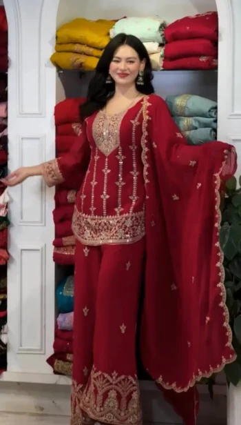 DESIGNER GEORGETTE EMBROIDERY CODDING & SEQUENCE WORK TOP PALAZZO WITH DUPATTA RED