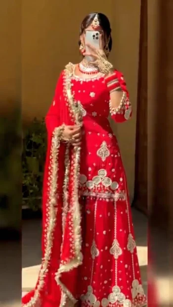 DESIGNER GEORGETTE EMBROIDERY SEQUENCE WORK WITH FANCY LACE BORDER AND PERAL MOTI HAND WORK TOP PALAZZO WITH DUPATTA RED