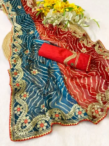 DESIGNER GEORGETTE LEHRIYA WITH EMBROIDERY CONTRAST PALLU WORK SAREE WITH UNSTITCHED BLOUSE BLUE AND RED