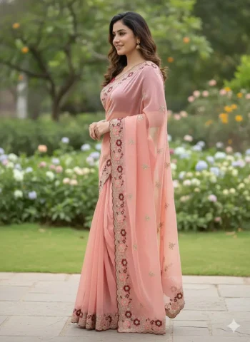 DESIGNER JC SILK EMBROIDERY WORK AND MULTI THREAD WORK WITH ARCO CUT WORK SAREE WITH UNSTITCHED BLOUSE PEACH