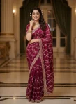 DESIGNER SPACE SILK CUT WORK AND RICH FLOWER SEQUENCE EMBRODERY WORK SAREE WITH UNSTITCHED BLOUSE WINE