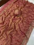 DESIGNER SPACE SILK SEQUENCE EMBROIDERY WORK WITH CUT BORDER WORK SAREE WITH UNSTITCHED BLOUSE PEACH