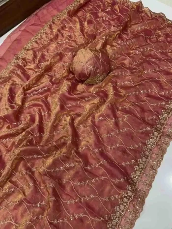 DESIGNER SPACE SILK SEQUENCE EMBROIDERY WORK WITH CUT BORDER WORK SAREE WITH UNSTITCHED BLOUSE PEACH
