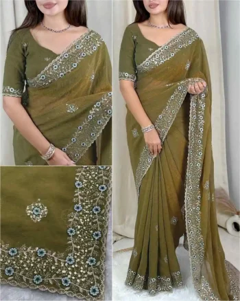 DESIGNER TISSUE CRUSH EMBROIDERY 3+5(DUAL) MM SEQUENCE WORK HEAVY BORDER WITH BUTTI WORK SAREE WITH UNSTITCHED BLOUSE MEHNDI