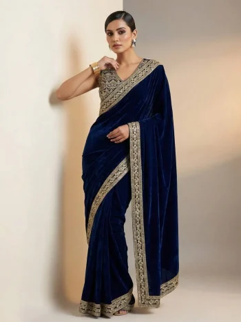 DESIGNER VELVET PLAIN WITH EMBROIDERY SEQUENCE WITH JARI DORI EMBROIDERY WORK BORDER SAREE WITH STITCHED BLOUSE NAVY BLUE