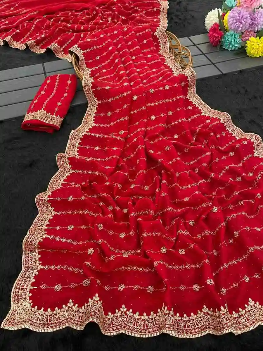 3DESIGNER VICHITRA SILK ZARI WORK AND STONE WORK SAREE WITH UNSTITCHED BLOUSE WEDDING WEAR WHOLESALE PRICE ETHNIC GARMENT (11)