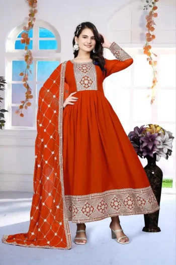 FANCY GEORGETTE CHAIN WORK GOWN WITH DUPATTA ORANGE