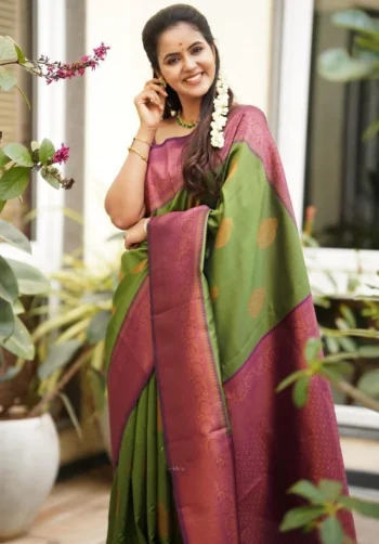 FANCY LICHI SILK RICH PALLU AND JACQUARD BORDER COPPER WORK SAREE WITH UNSTITCHED BLOUSE GREEN