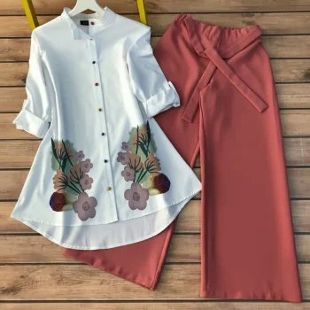 FANCY POLY RAYO PRINT WORK TUNIC TOP WITH PALAZZO RED