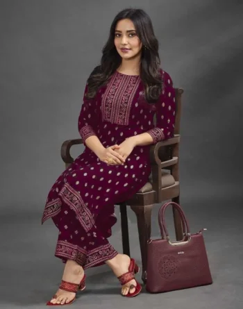 FANCY RAYON FOLI WORK TOP PALAZZO SET WINE