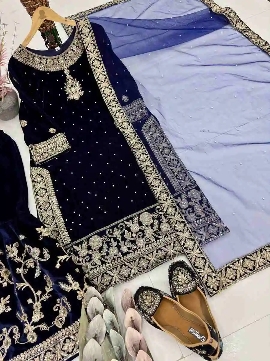 3FANCY VELVET EMBROIDERY CHAIN SEQUENCE WORK WITH RIVET MOTI HAND WORK TOP SHARARA WITH DUPATTA WEDDING WEAR WHOLESALE PRICE ETHNIC GARMENT (18)