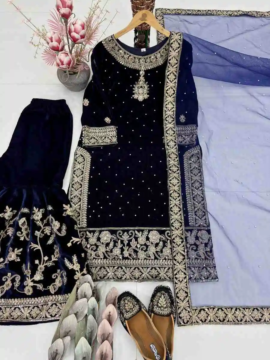3FANCY VELVET EMBROIDERY CHAIN SEQUENCE WORK WITH RIVET MOTI HAND WORK TOP SHARARA WITH DUPATTA WEDDING WEAR WHOLESALE PRICE ETHNIC GARMENT (19)