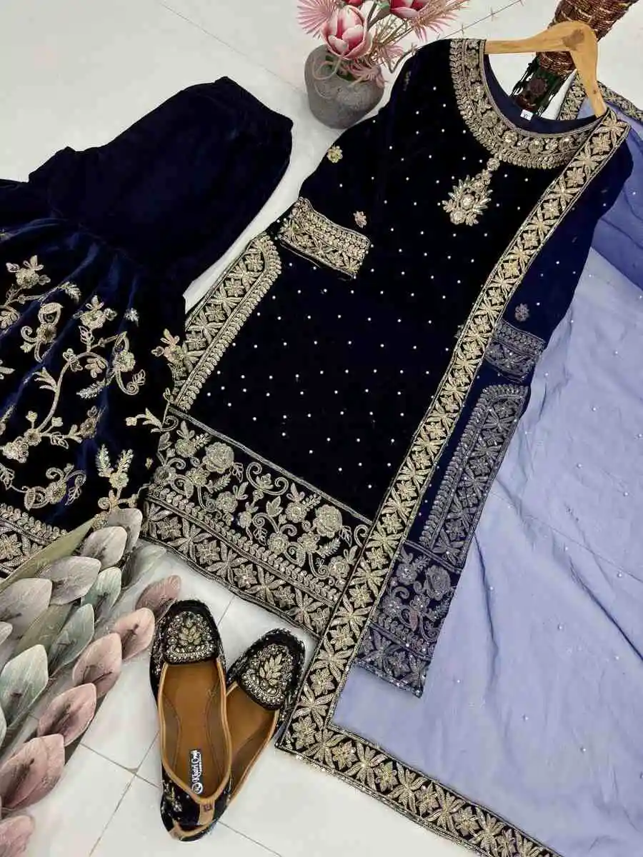 3FANCY VELVET EMBROIDERY CHAIN SEQUENCE WORK WITH RIVET MOTI HAND WORK TOP SHARARA WITH DUPATTA WEDDING WEAR WHOLESALE PRICE ETHNIC GARMENT (20)