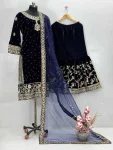 3FANCY VELVET EMBROIDERY CHAIN SEQUENCE WORK WITH RIVET MOTI HAND WORK TOP SHARARA WITH DUPATTA WEDDING WEAR WHOLESALE PRICE ETHNIC GARMENT (17)