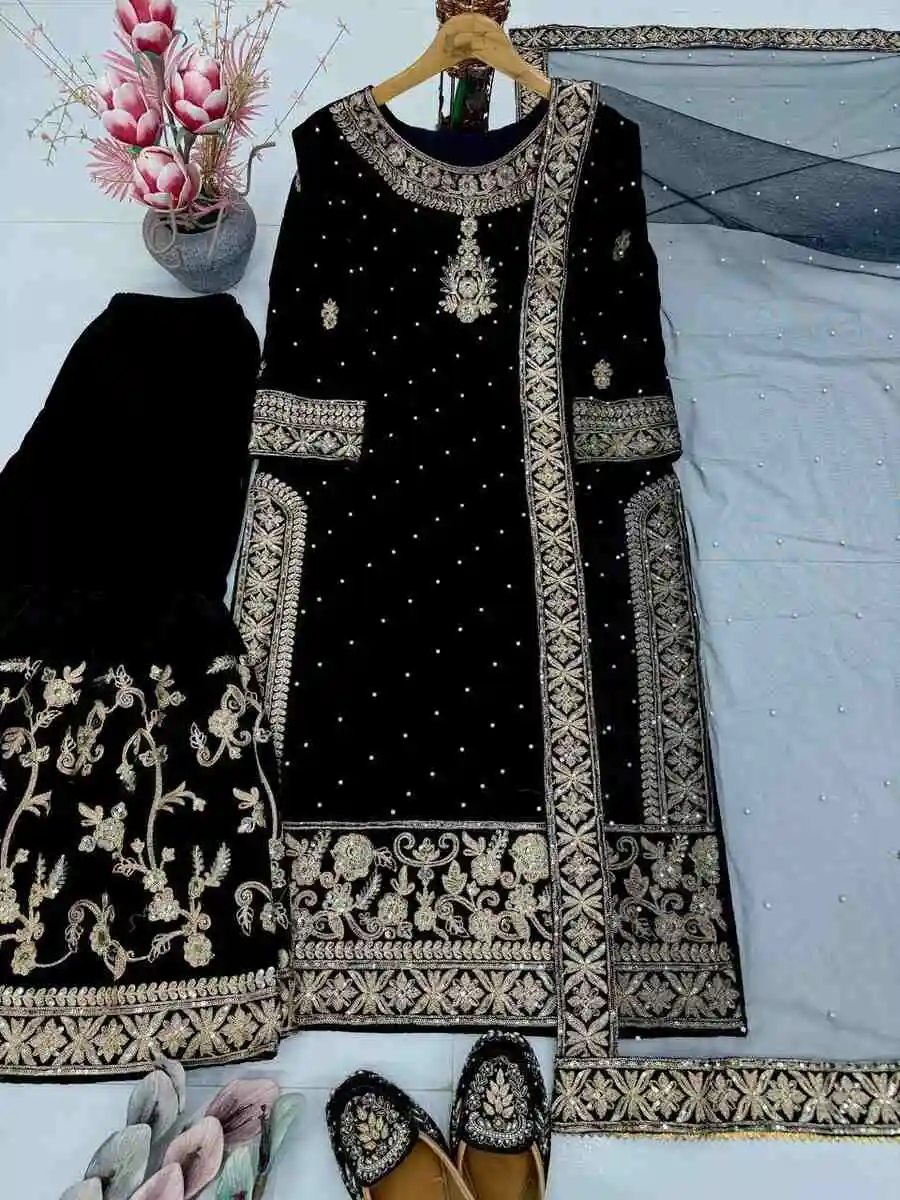3FANCY VELVET EMBROIDERY CHAIN SEQUENCE WORK WITH RIVET MOTI HAND WORK TOP SHARARA WITH DUPATTA WEDDING WEAR WHOLESALE PRICE ETHNIC GARMENT (22)
