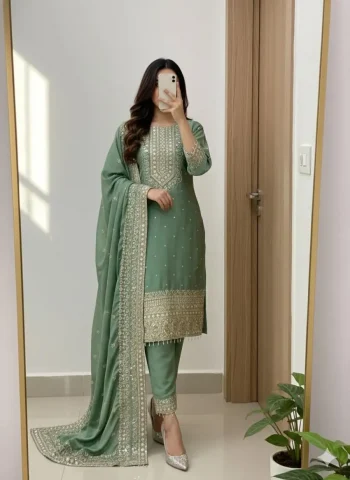 LATEST CHINON SILK SEQUENCE EMBROIDERY WORK TOP BOTTOM WITH DUPATTA PISTA