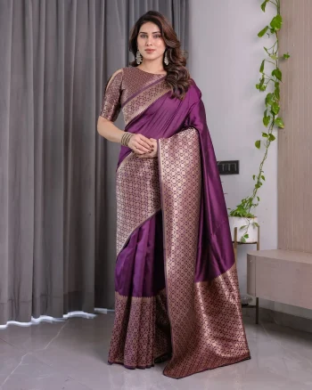 MODERN BANARASI SILK ZARI WOVEN WORK SAREE WITH UNSTITCHED BLOUSE PURPLE