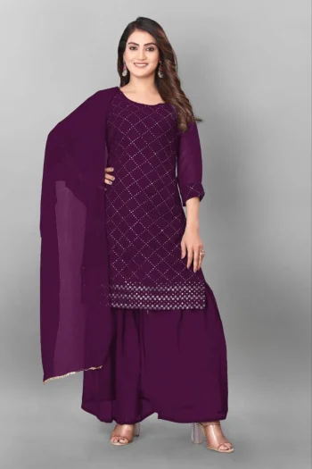 MODERN GEORGETTE EMBROIDERY WORK TOPM PALAZZO WITH DUPATTA PURPLE