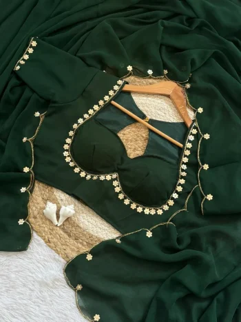 MODERN GEORGETTE HANDWORK KHATALI CUT DANA WITH MOTI & SMALL FLOWER BORDER WORK SAREE WITH STITCHED BLOUSE BOTTLE GREEN