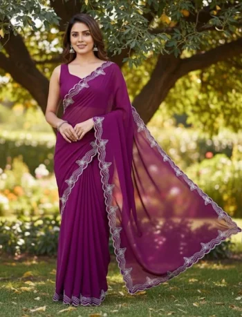 MODERN GEORGETTE HOTFIX WORK SAREE WITH UNSTITCHED BLOUSE WINE