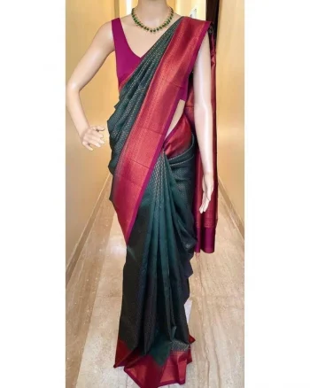 MODERN LICHI SILK BANARASI WEAVING WORK SAREE WITH UNSTITCHED BLOUSE GREEN