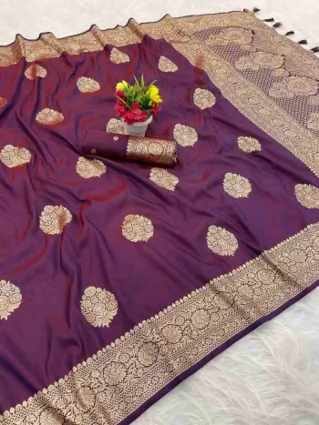 NEW ARRIVAL BANARASI SILK GOLDEN ZARI BUTTI WEAVING WORK SAREE WITH UNSTITCHED BLOUSE WINE