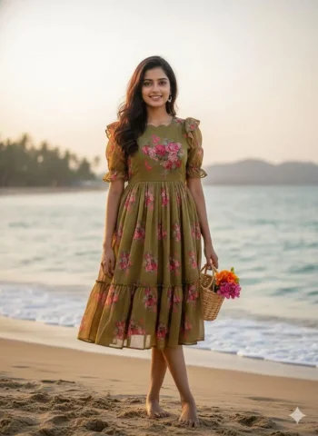 NEW ARRIVAL CHANDERI FLORAL PRINTED WORK ONE PIECE  CHIKU