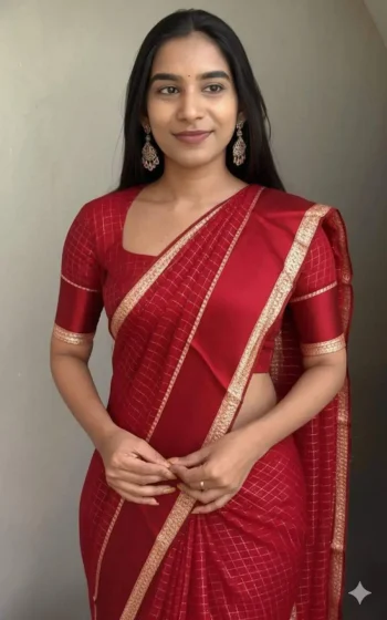 NEW ARRIVAL GEORGETTE CHECKS WEAVING AND STUNNING SATIN PATTA BORDER WORK SAREE WITH UNSTITCHED BLOUSE RED