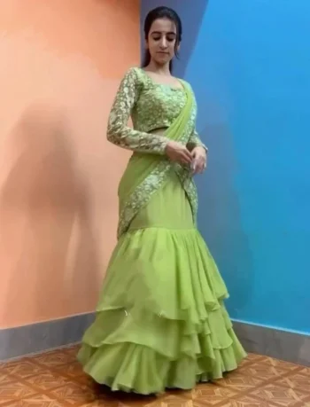 NEW ARRIVAL GEORGETTE EMBROIDERY SEQUENCE WORK WITH RUFFLE WORK LEHENGA SAREE CHOLI WITH ATTACHED DUPATTA GREEN