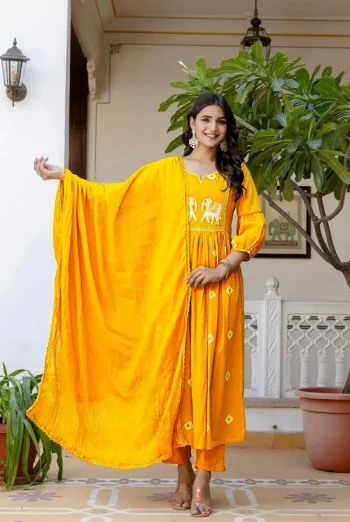 NEW ARRIVAL RAYON EMBROIDERY WITH FOIL WORK TOP BOTTOM WITH DUPATTA YELLOW