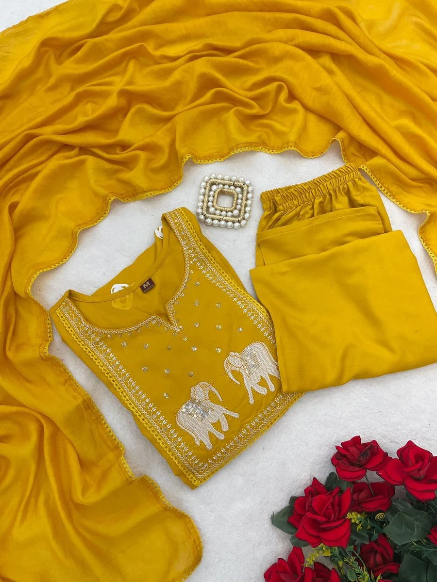 3NEW ARRIVAL RAYON EMBROIDERY WITH FOIL WORK TOP BOTTOM WITH DUPATTA FESTIVE WEAR WHOLESALE PRICE ETHNIC GARMENT (14)