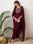 NEW ARRIVAL SLUB COTTON EMBROIDERY WORK TOP BOTTOM WITH DUPATTA WINE