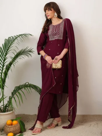 NEW ARRIVAL SLUB COTTON EMBROIDERY WORK TOP BOTTOM WITH DUPATTA WINE