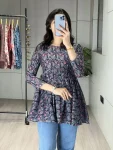 RICH LOOK CAMBRIC COTTON TRADITIONAL FLORAL PRINTED WORK ONLY TOP BLUE