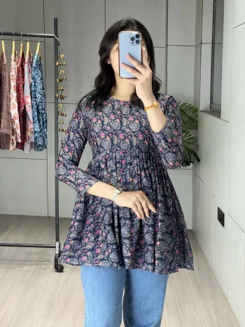 RICH LOOK CAMBRIC COTTON TRADITIONAL FLORAL PRINTED WORK ONLY TOP BLUE
