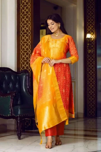 RICH LOOK CHANDERI COTTON WEAVING WORK TOP BOTTOM WITH DUPATTA RED AND YELLOW