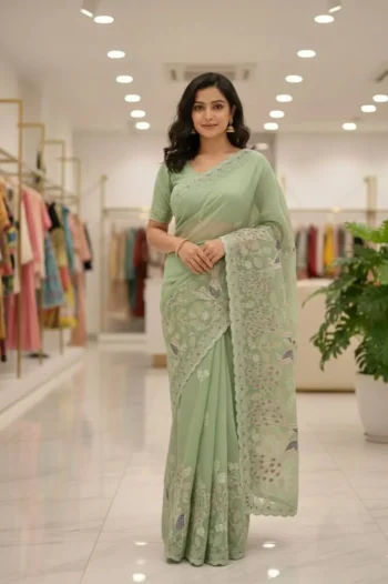 RICH LOOK CRUNCHY SILK CONTRAST PALLU EMBROIDERY AND CUT WORK BORDER WORK SAREE WITH UNSTITCHED BLOUSE PISTA