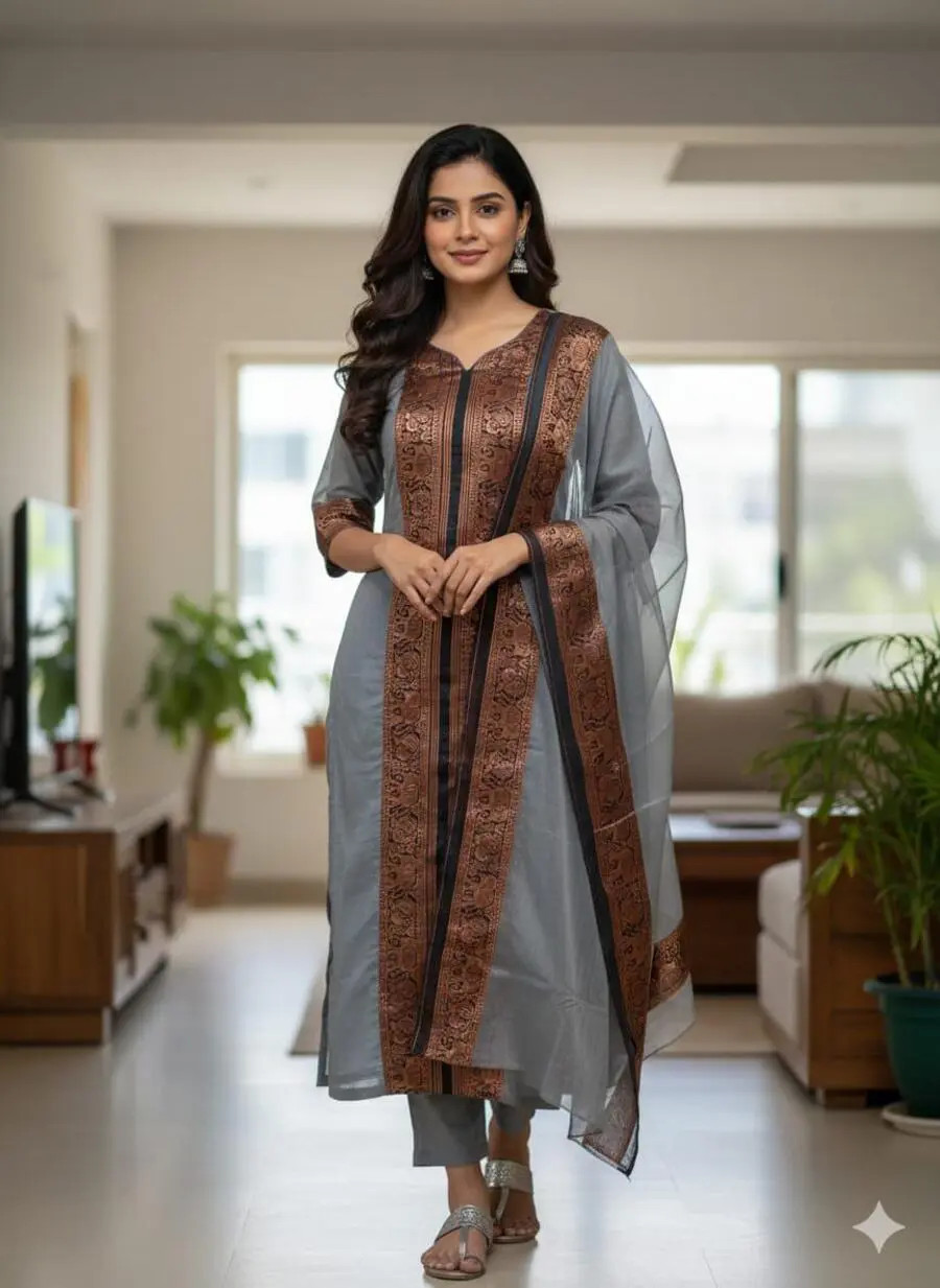 3RICH LOOK KANCHI COTTON JACQUARD WEAVING WORK TOP WITH DUPATTA SET OFFICE WEAR WHOLESALE PRICE ETHNIC GARMENT (3)