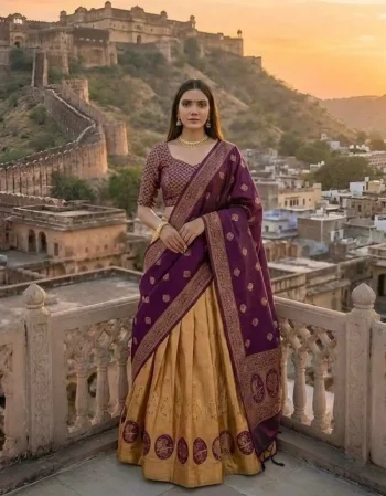 RICH LOOK KANJIVARAM SILK ZARI WEAVING WORK STITCHED LEHENGA UNSTITCHED CHOLI WITH DUPATTA WINE AND YELLOW