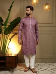 RICH LOOK KHADI COTTON EMBROIDERY MIRROR WORK MEN'S KURTA PAYJAMA LAVENDER