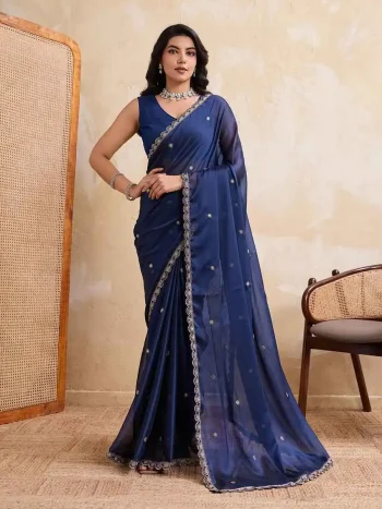 RICH LOOK RANGOLI SILK EMBROIDERY CUTWORK WORK LACE BORDER WORK SAREE WITH UNSTITCHED BLOUSE NAVY BLUE