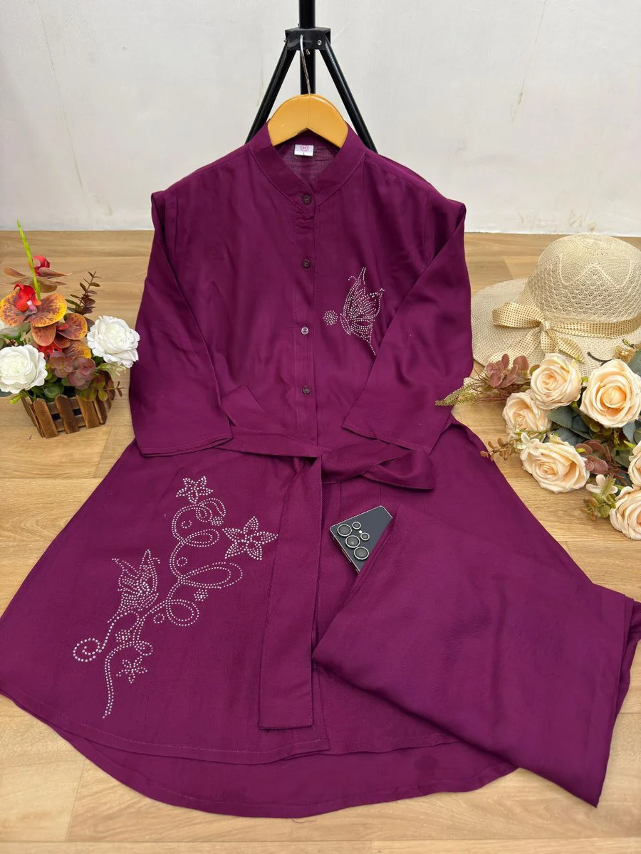 3RICH LOOK RAYON DIAMOND WORK WITH FANCY BELT AND KURTI PALAZZO SET OFFICE WEAR WHOLESALE PRICE ETHNIC GARMENT (1)