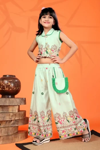 RICH LOOK RAYON DIGITAL PRINT WORK KID'S TOP PALAZZO SET GREEN