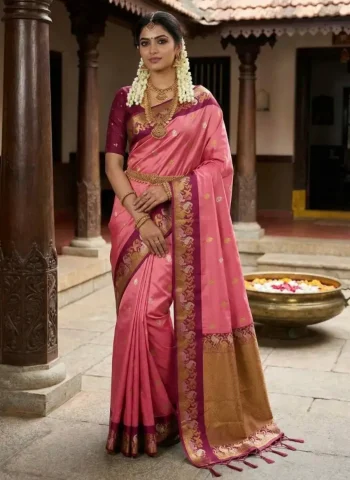 RICH LOOK SILK ZARI JACQUARD BORDER SWAN WITH MEENA & SAREE BODY IN SILVER & GOLD ZARI FLOWER BUTTI WORK SAREE WITH UNSTITCHED BLOUSE PEACH