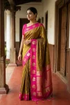 RICH LOOK SOFT SILK ZARI WORK COPPER & SILVER FANCY BUTTI WITH SATIN BORDER WORK SAREE WITH UNSTITCHED BLOUSE CHIKU AND PINK