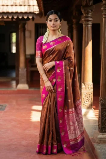 RICH LOOK SOFT SILK ZARI WORK COPPER & SILVER FANCY BUTTI WITH SATIN BORDER WORK SAREE WITH UNSTITCHED BLOUSE CHIKU AND RANI