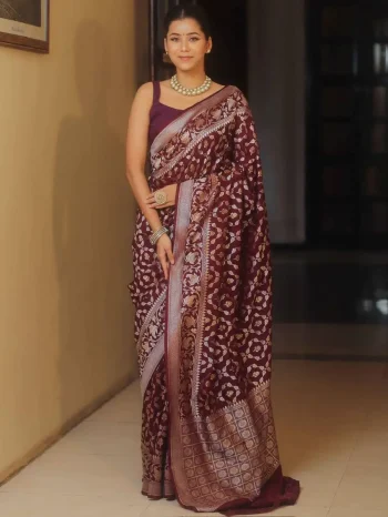 TRENDING LICHI SILK RICH PALLU & JACQUARD WORK SAREE WITH UNSTITCHED BLOUSE WINE