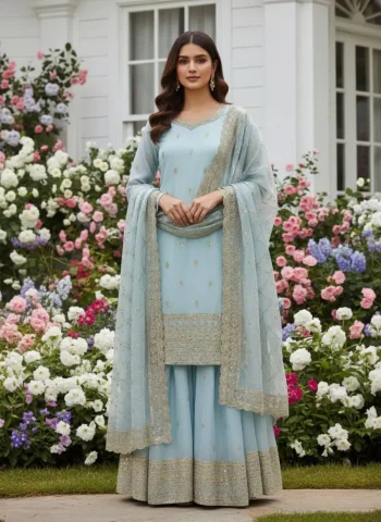 MODERN GMY  SILK EMBROIDERY AND SEQUENCE WORK TOP PALAZZO WITH DUPATTA  SKY