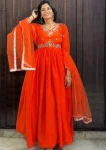 RICH LOOK CHINON SILK SEQUENCE EMBROIDERY WORK GOWN WITH DUPATTA ORANGE